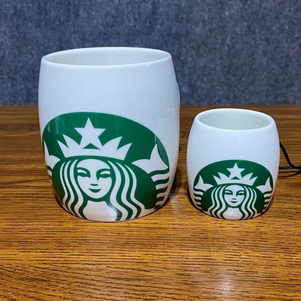 Starbucks White Ceramic Coffee Canister 14oz Mug and‎ 3oz Mini Mug Ornament Set